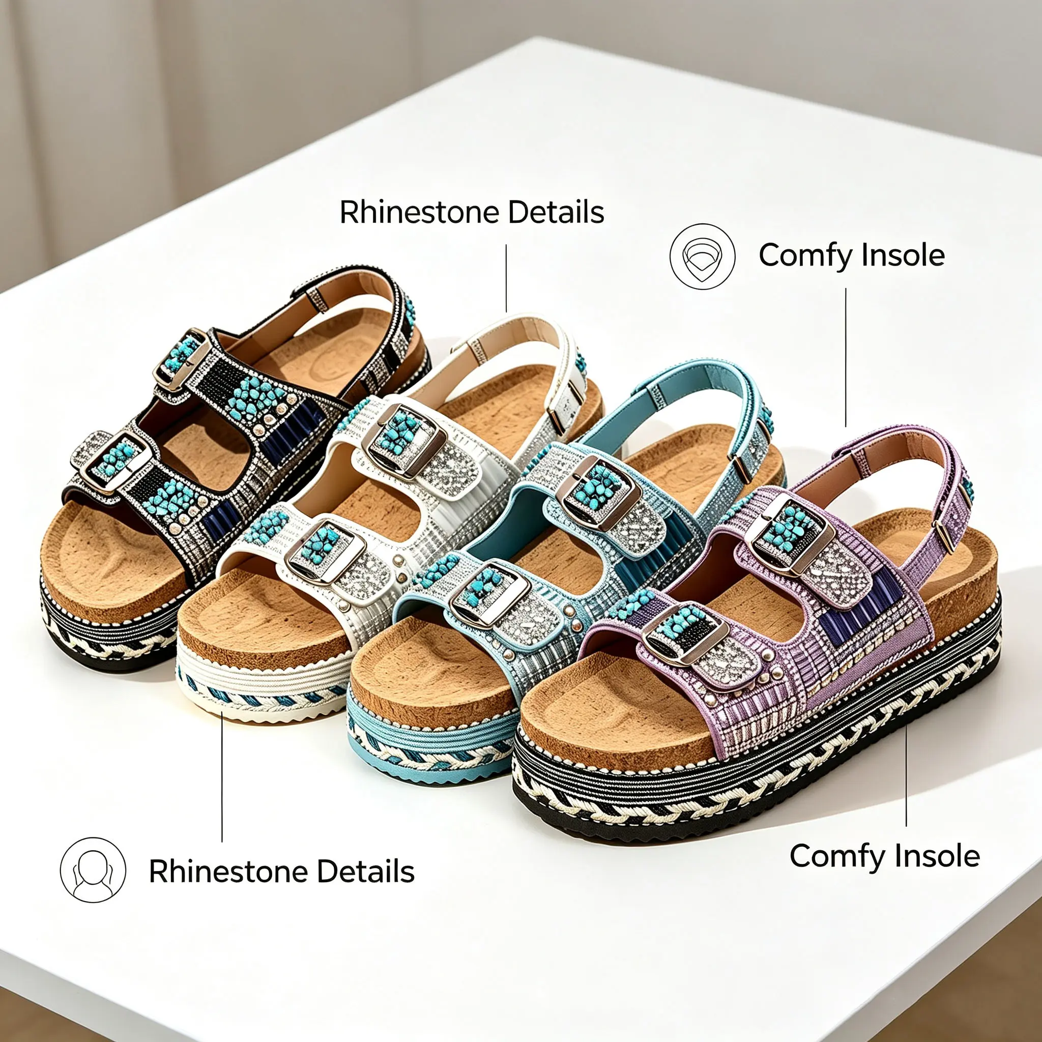 Women's Boho Bling Platform Sandals - Sparkling Rhinestones, Adjustable Buckle Strap, Thick Sole, Cork Footbed Slides for Casual Wear | Women's Footwear, Fashion Shoe, Cork Insole