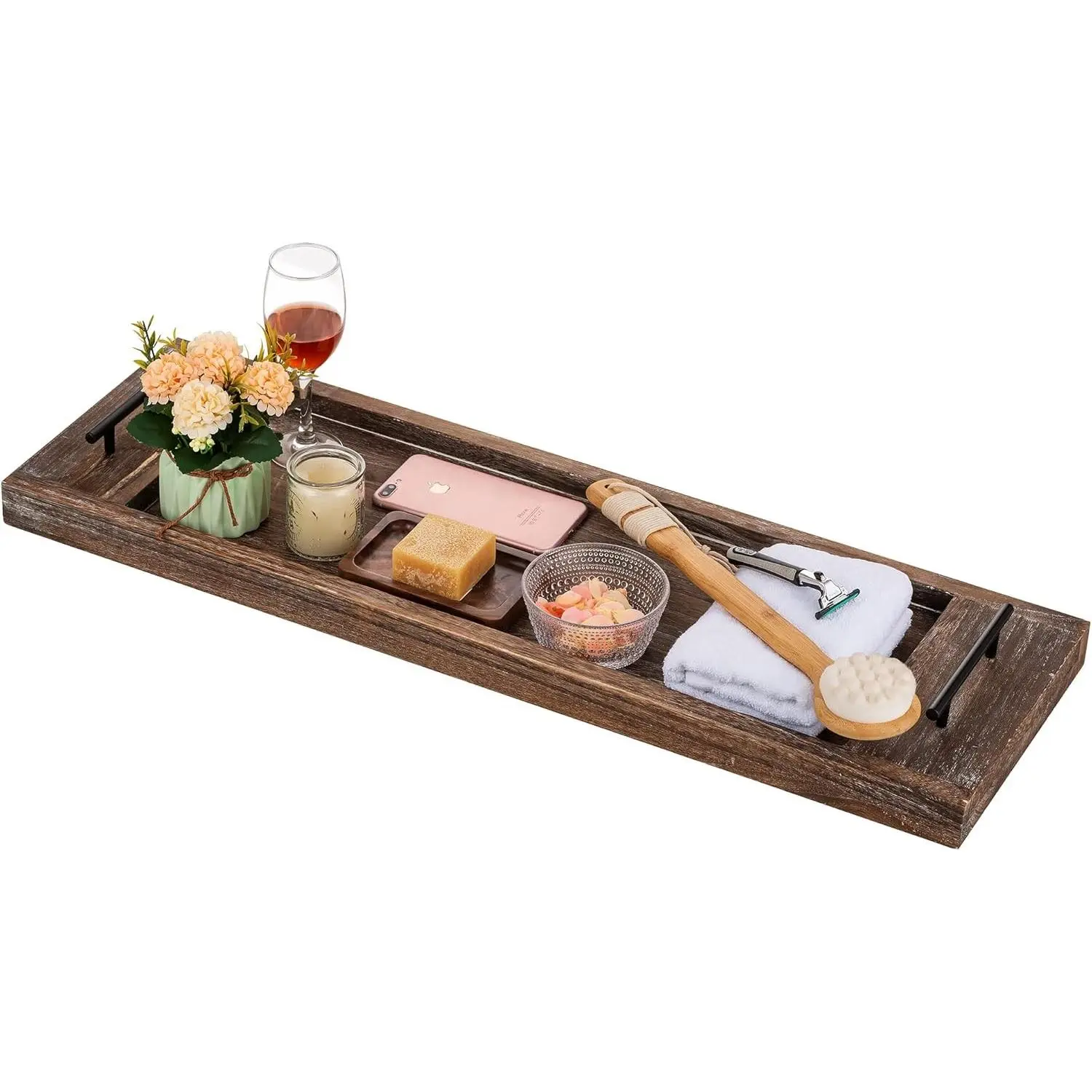 31" Wood Bathtub Tray Bath Caddy with Handles, Distressed Rustic Finish Long Over Tub Shelf for Bathroom Decor