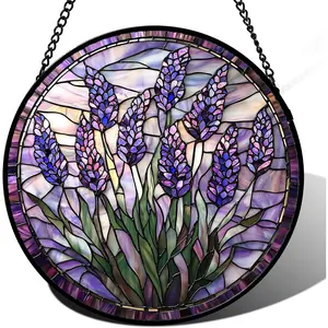 Stained Glass Window Hanging - Purple Flowers Suncatcher for Door Terrace Garden Home Decor Lavender Plant Floral Sun Catcher Birthday Gifts for Lovers Women Men Dad Mom Nana 6.3 in