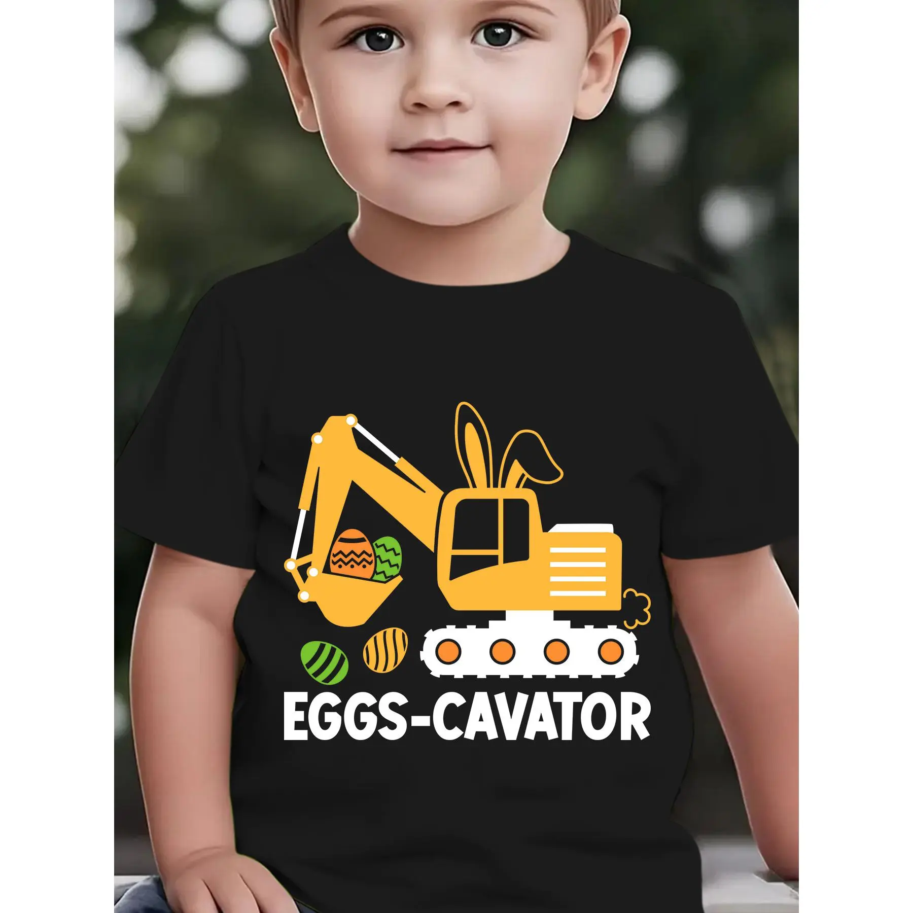 Boys' Easter Egg T-Shirt with Eggs-cavator Print - Casual Short Sleeve Round Neck Top Suitable for Easter Egg Hunts, Outdoor Play & Spring Activities