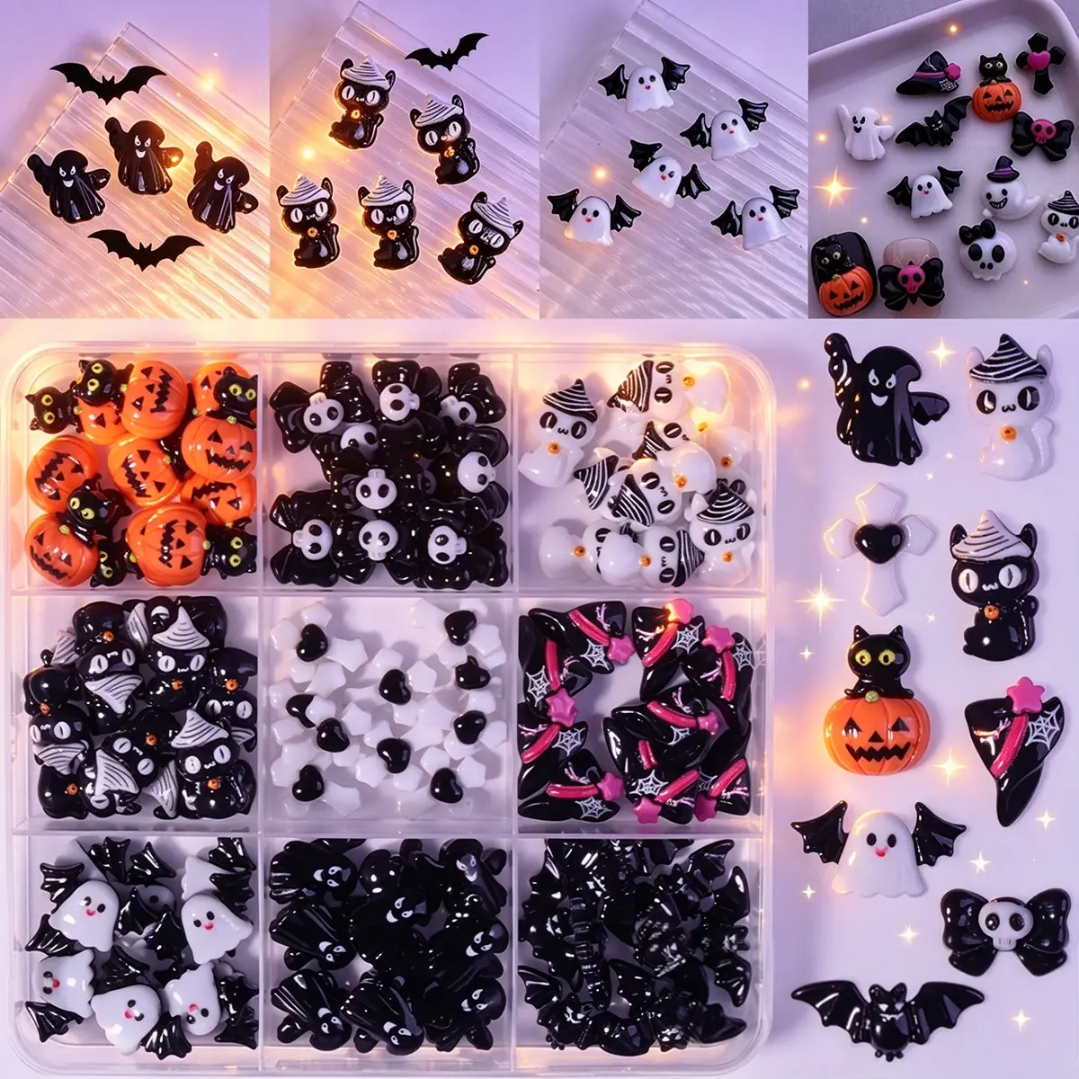 90 Pcs Halloween Nail Art Charms Set, 3D Resin Gothic Designs, Ghost Skull Cat Pumpkin Cross Bowtie, Nail Art Accessories for Women