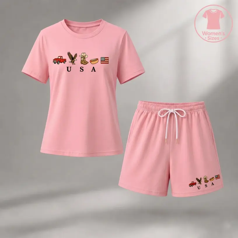 Women's American Icon Graphic Short Sleeve T-Shirt And Shorts Set, Casual Summer Two-Piece Outfit With Crew Neck Top And Drawstring Waist Shorts For Daily Wear