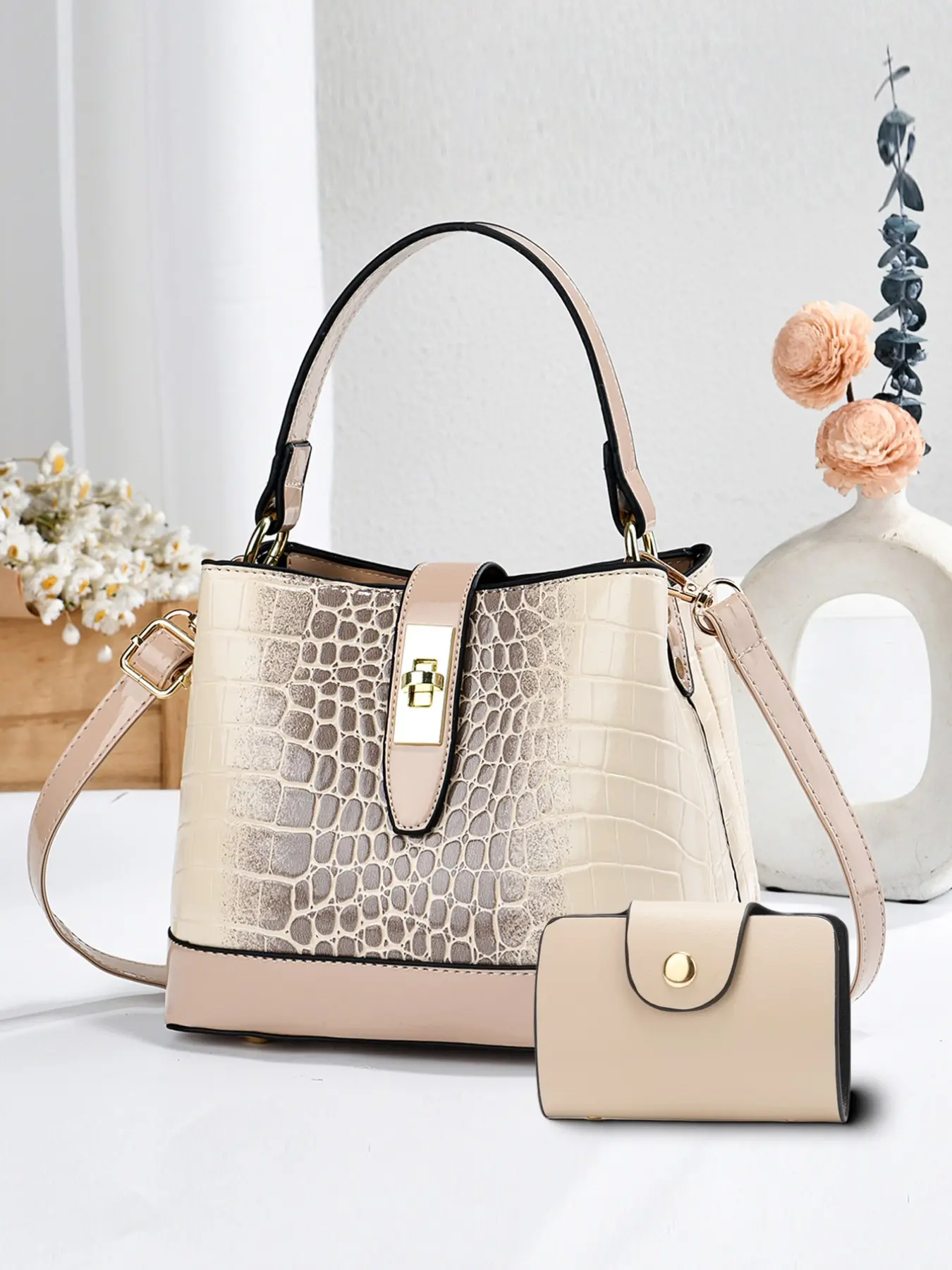Gradient Alligator Pattern Women's Bucket Bag, Luxurious Gradient Bucket Bag, Two-In-One Crossbody Handbag, Casual PU Leather Messenger Bag, Everyday Shoulder Bag, Casual Messenger Bags