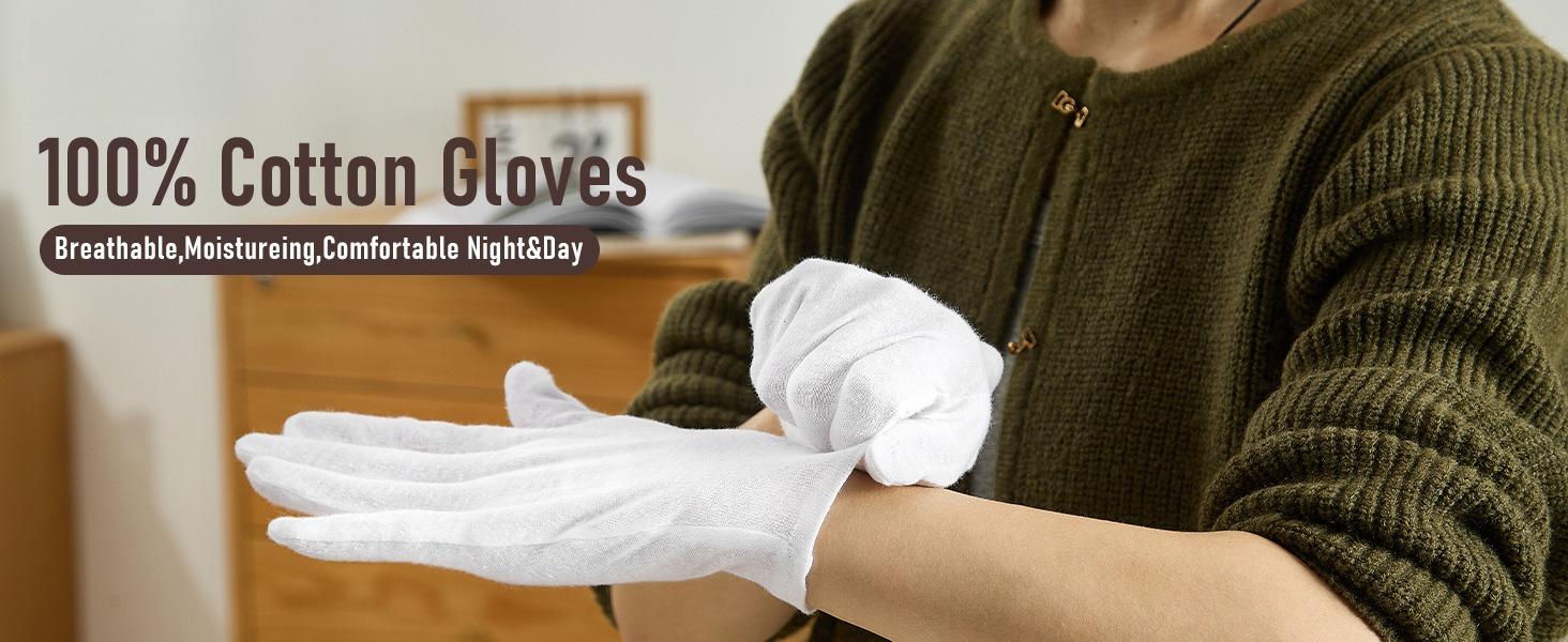 100% pure cotton gloves, 6 pairs of white cotton gloves - specially designed to moisturize dry hands and relieve eczema; It is suitable for applying lotion at night, sleeping and spa care; Unisex, breathable and comfortable, can also be used as an inner l