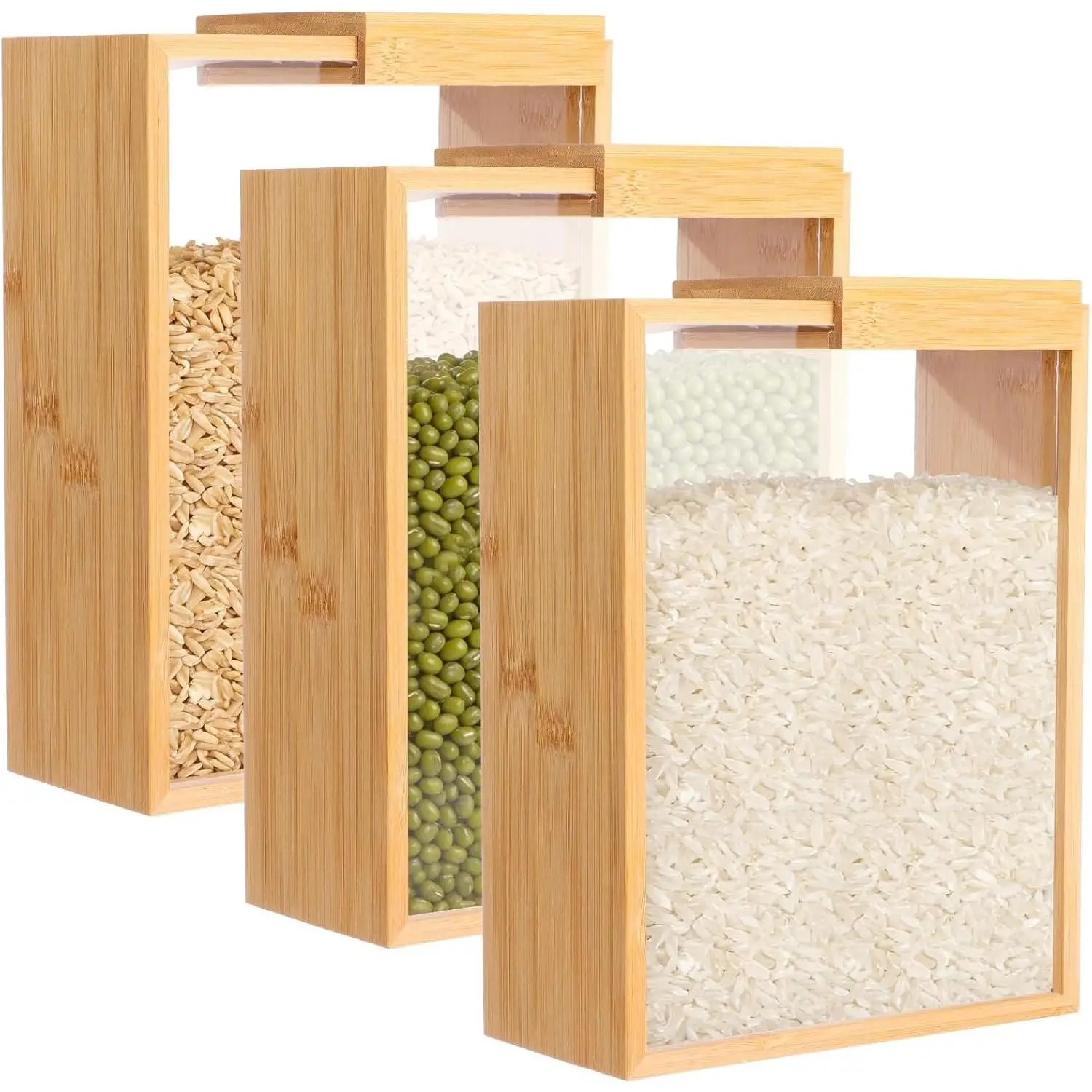3-Pcs Aesthetic Wooden Cereal Storage Box Set, 8.7x6.8x3.1in Dry Food Dispenser with Slide Lid, Transparent Visible Window, Simple Wood Container for Kitchen Pantry Organization