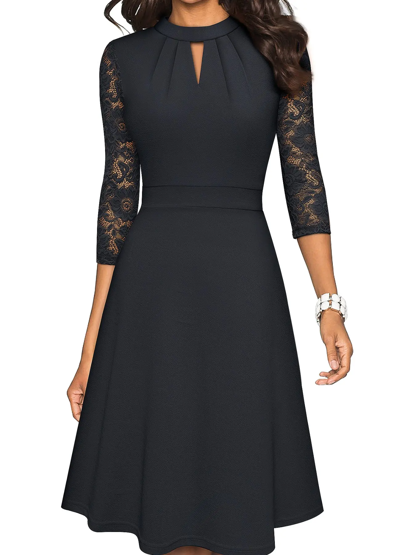 Vintage Stand Collar Keyhole Cutout Ruched Dress, Lace Patchwork Three-Quarter Sleeve Waist Cinch A-Line Midi Dress, Office Party Lightweight Gown