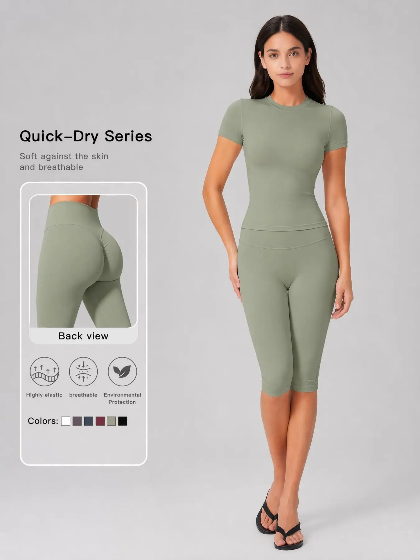 ST6797 Quick-Dry Moisture-Wicking Slim Fit T-Shirt, High Waist Shaping Capri Pants, Elastic Breathable Fittok Set, Gym to Street Seamless Transition