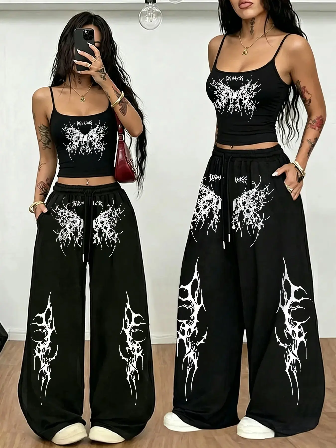 Women Dark Punk Alt Two Piece Matching Outfit Soft Stretch Knit Crew Neck Long Sleeve Full Side Vertical Ruched Slim Crop Top White Thorn Butterfly Gothic Letter Graphic High Waist Elastic Drawstring Loose Wide Leg Jogger Sweat Pant With Cuff Tie Co-ord S