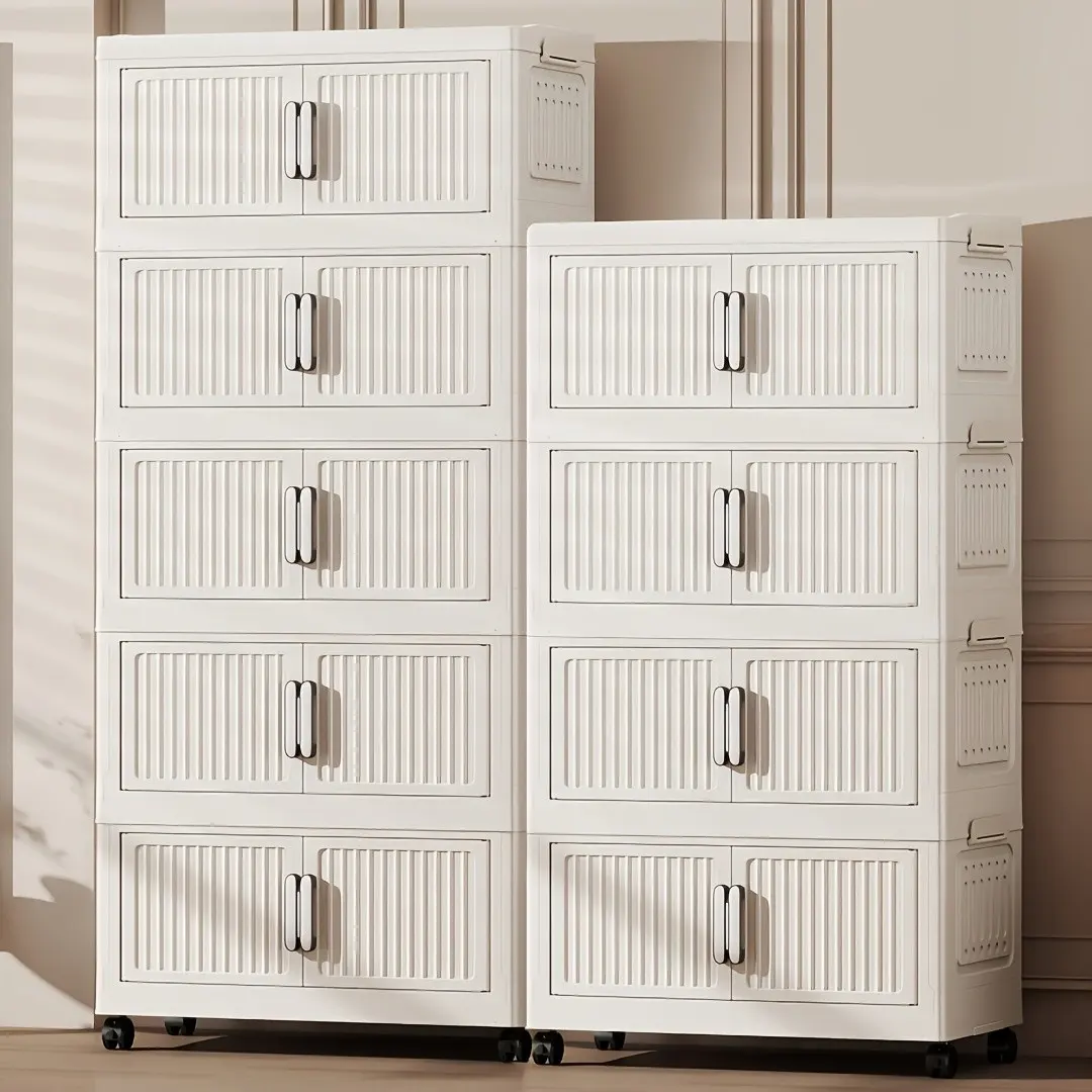 3/4/5-Tier Rolling Clothes Storage Cabinet, Collapsible Plastic Wardrobe with Lockable Wheels, Space-Saving Organizer with Dustproof Doors for Bedroom, Apartment And Closet, Portable Closets