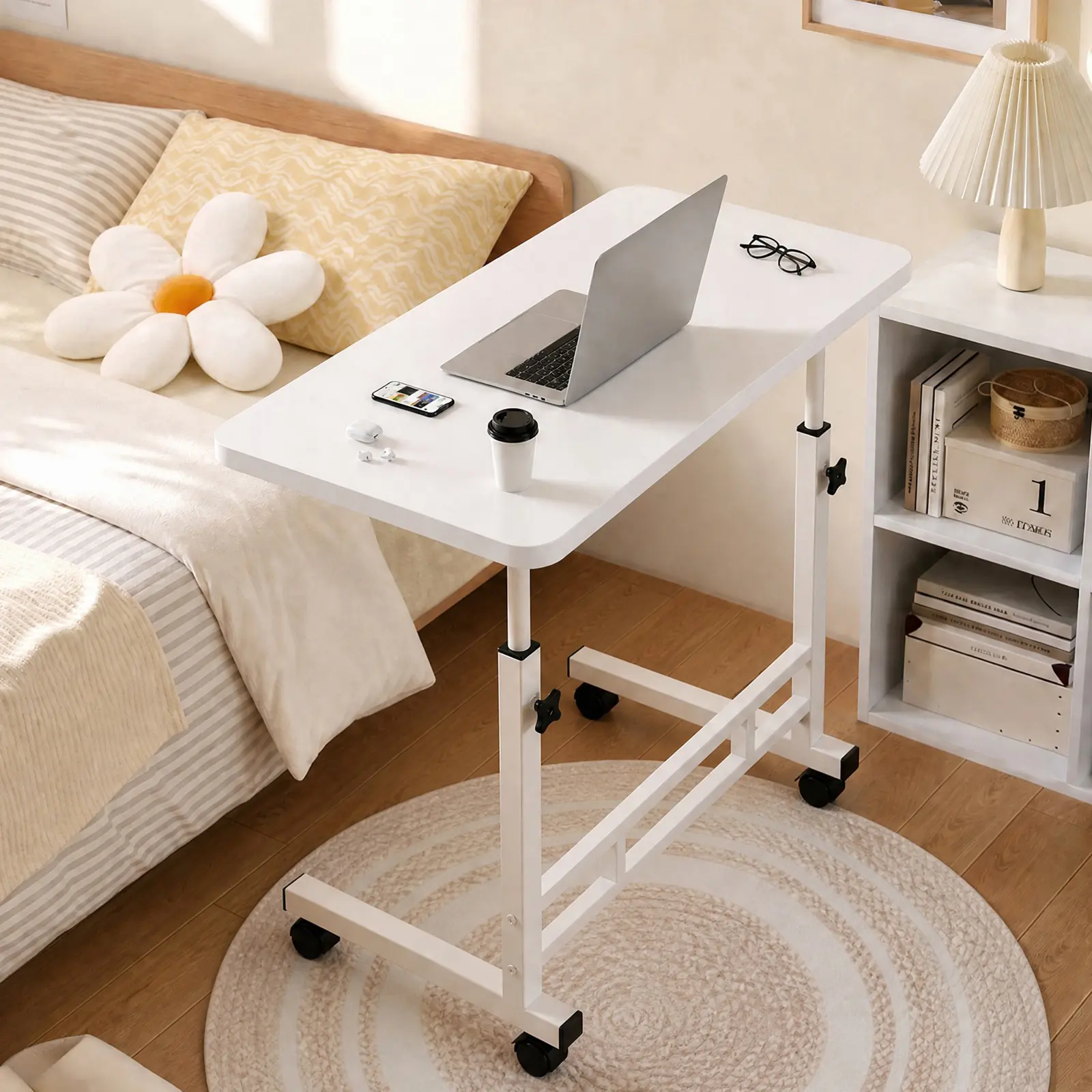 Adjustable Height Rolling Desk - Back to School Modern Mobile Computer Table with Storage for Home Office, Easy Assembly Required