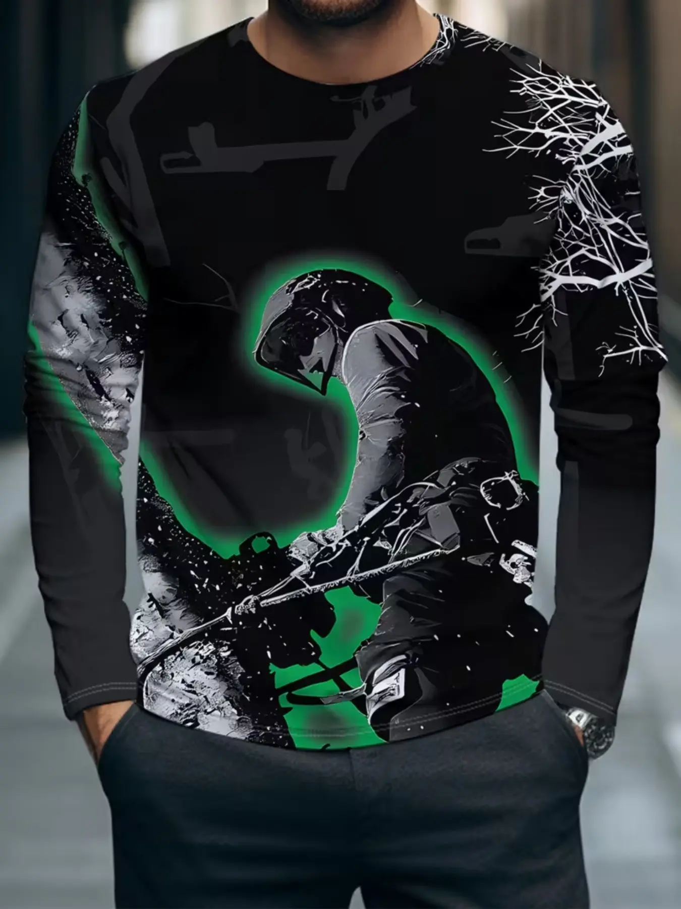 Men's Outdoor Polyester Long Sleeve T-Shirt, Fun Tree Trimming Worker Pattern, Comfortable Breathable, Casual Fashion