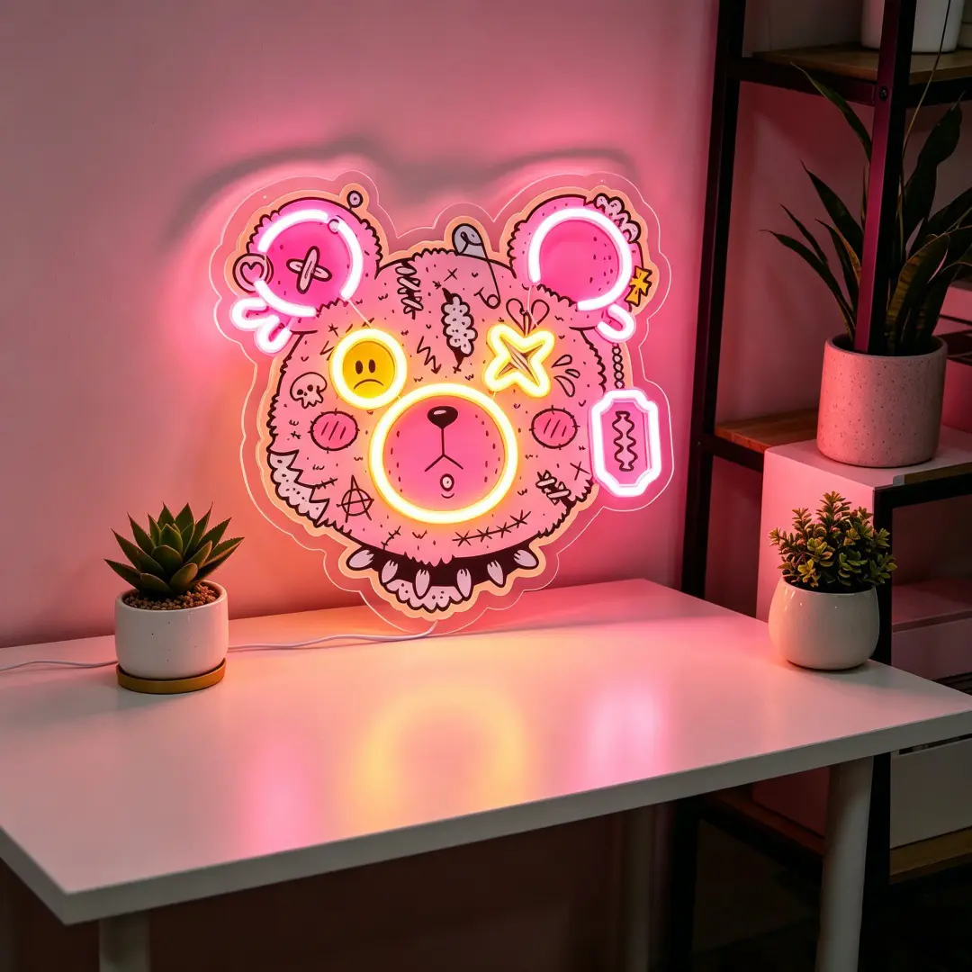 Pink Zombie Bear LED Neon Sign, USB Powered Dimmable Brightness, Creepy Cute Bear Neon Light Wall Decor for Bedroom, Goth Room, Aesthetic Room, Halloween, Ideal for Horror Themed Decor, Alt Room Gift christmas holiday decorative atmosphere lamp ambiance