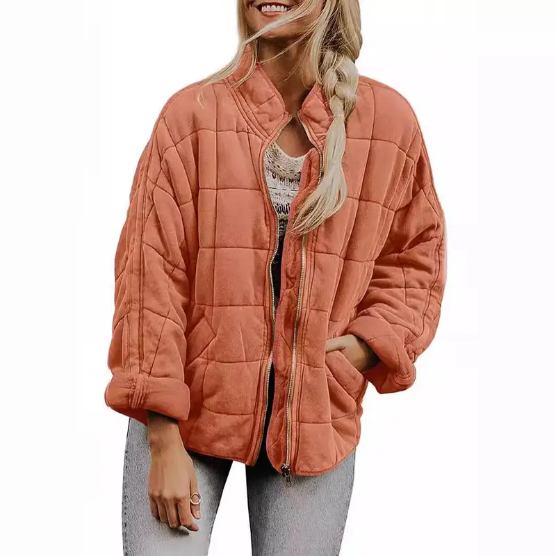 Solid Color Stand Collar Cotton Coat Women's Loose Long Sleeve Pocket Jacket