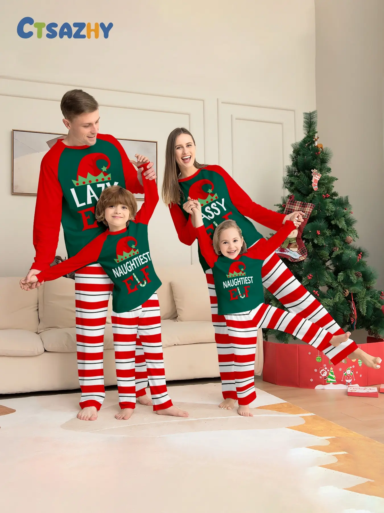 Christmas Green Body Red Raglan Elf Hat Letter Print Long Sleeve Family Matching Pajamas Set, Adults Kids Cuff Loungewear, Couple & Family Outfit, Red White Striped Pants Xmas PJs for Family of 3 4, Soft Comfort Home Sleepwear