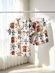 Women's Button-Down Short Sleeve Top & Shorts Pajama Set, White Base Fantasy Character Print, Red Piping, Bow Detail, Spring Summer Wear, Loose Slim Fit, Sweet Girly Loungewear