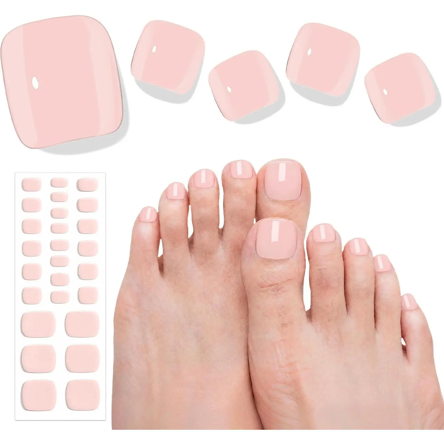 26 PCS Salon Quality Toe Gel Nail Strips for All UV Light Longlasting Easy Remove Toe Nail Wraps Art Kit for Women Sheer Pink