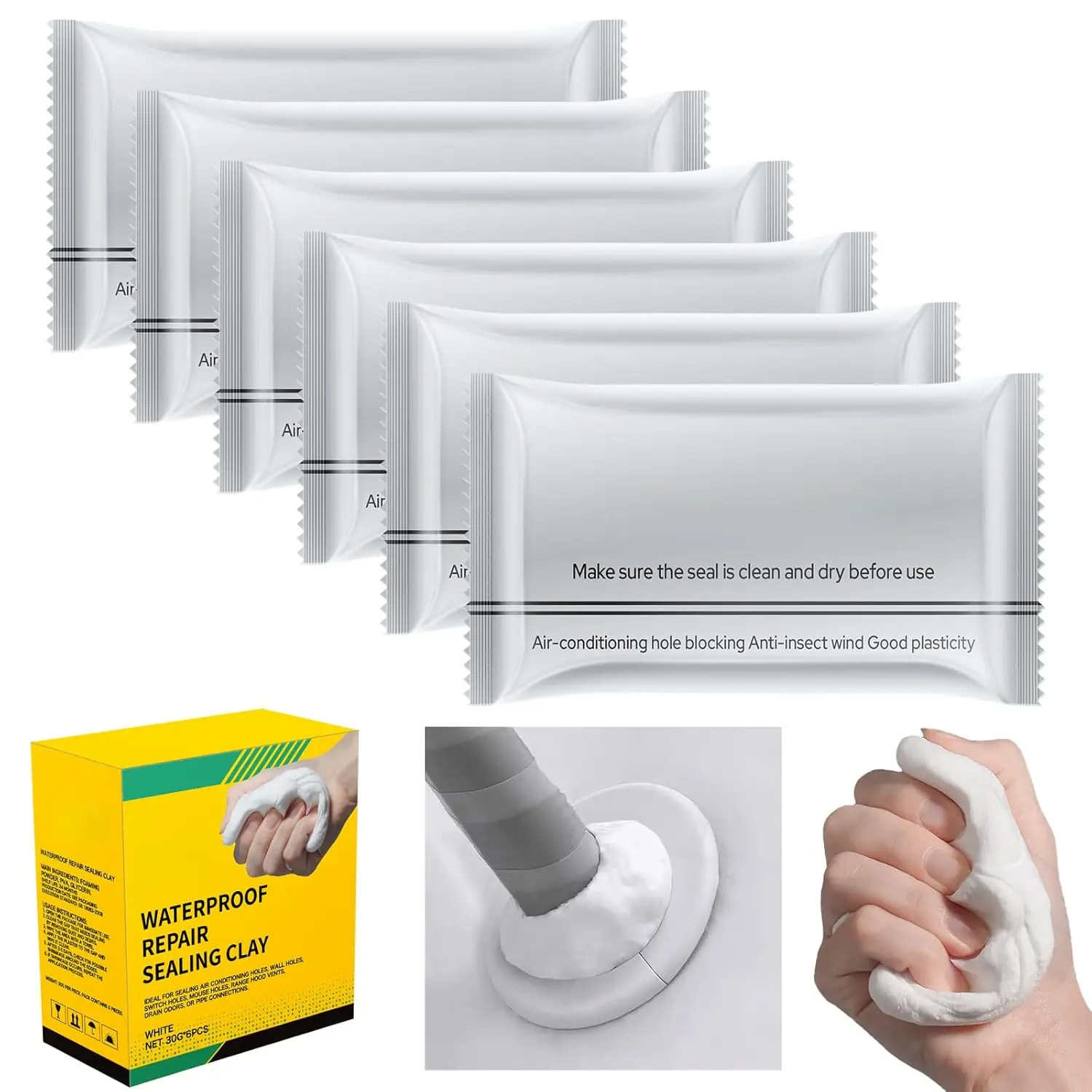 6-Pack New Type White Waterproof Sealant Mastic, Repair Sealing Clay, Quick Mending Mud  Drain Connection, Wall Hole, Air Conditioning Hole Waterproof Seal Putty