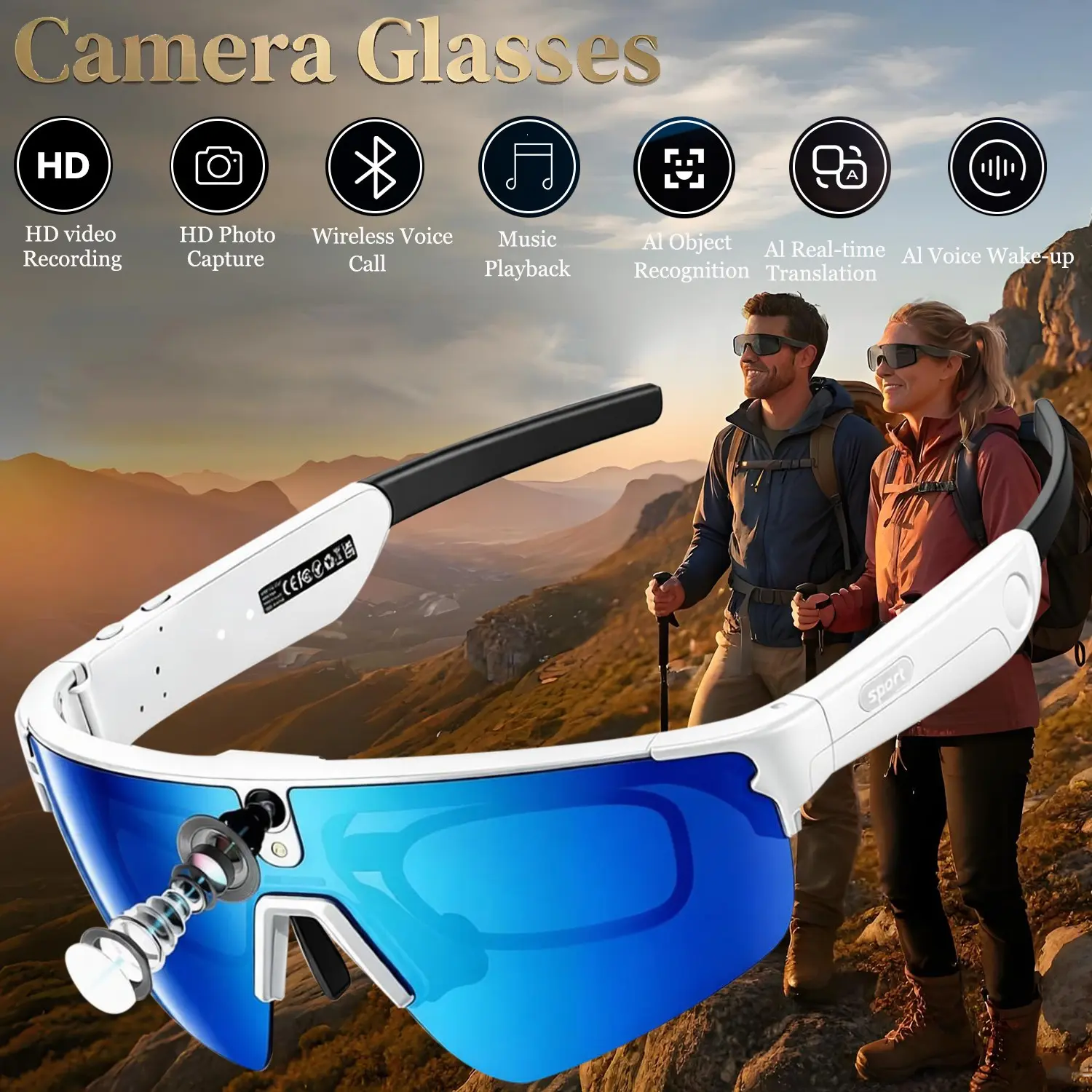 AI Smart Sports Glasses with ChatGPT, 1080P Video Camera Sunglasses with Smart Translation, EIS Electronic Image stabilization, IP66 Water and dust Resistance, Dual Mic Noise Reduction, Bluetooth Music Playback Glasses, Ideal Gift for Men And Women