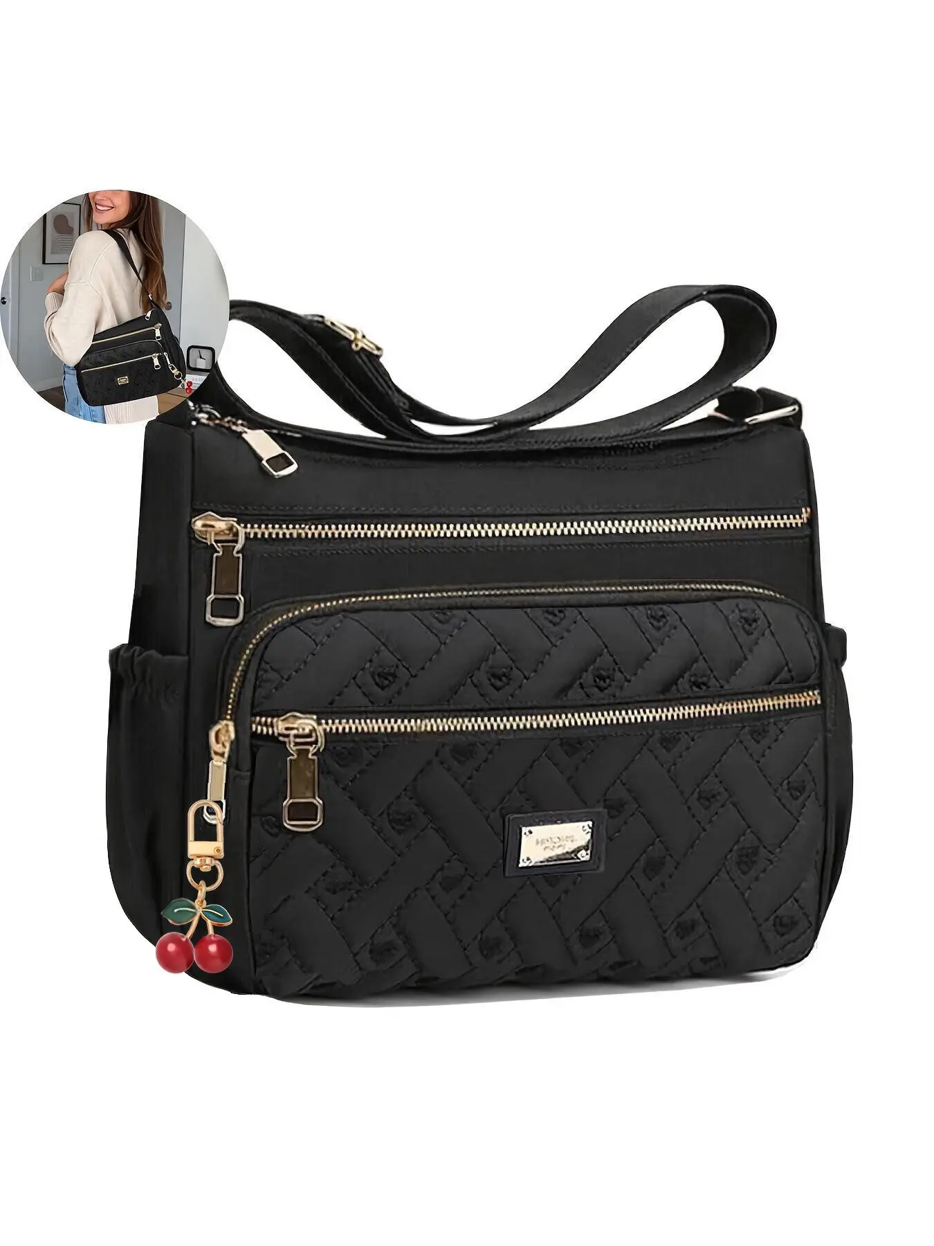 Heart Embroidery Zipper Crossbody Bag, Cherry Zipper Head, Large Capacity, Perfect for Outing, Work, Party, Fashion Crossbody Handbag, Fashionable Crossbody Bag, Women's Bags, Crossbody Handbag