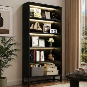 ARCH Tall 5-Tier LED Bookshelf with Remote-Controlled Adjustable Lighting, Heavy-Duty MDF+Metal Frame, 64.24 lb, 11.81w x 29.84d x 67.56h in, Anti-Tipping Kit, Casual Freestanding Book Display Cabinet for Living Room Home Office, Black