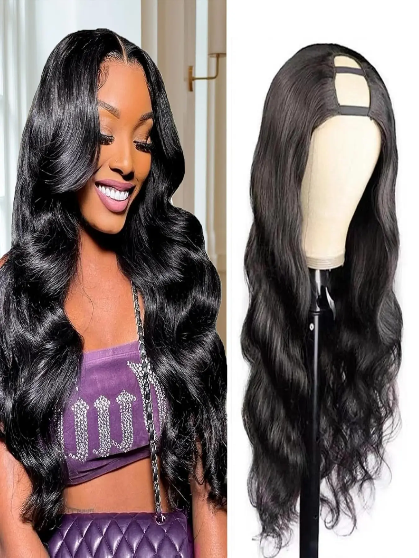 U Part Human Hair Wig Body Wave Glueless Wigs  U Part Wig  Natural Black Color