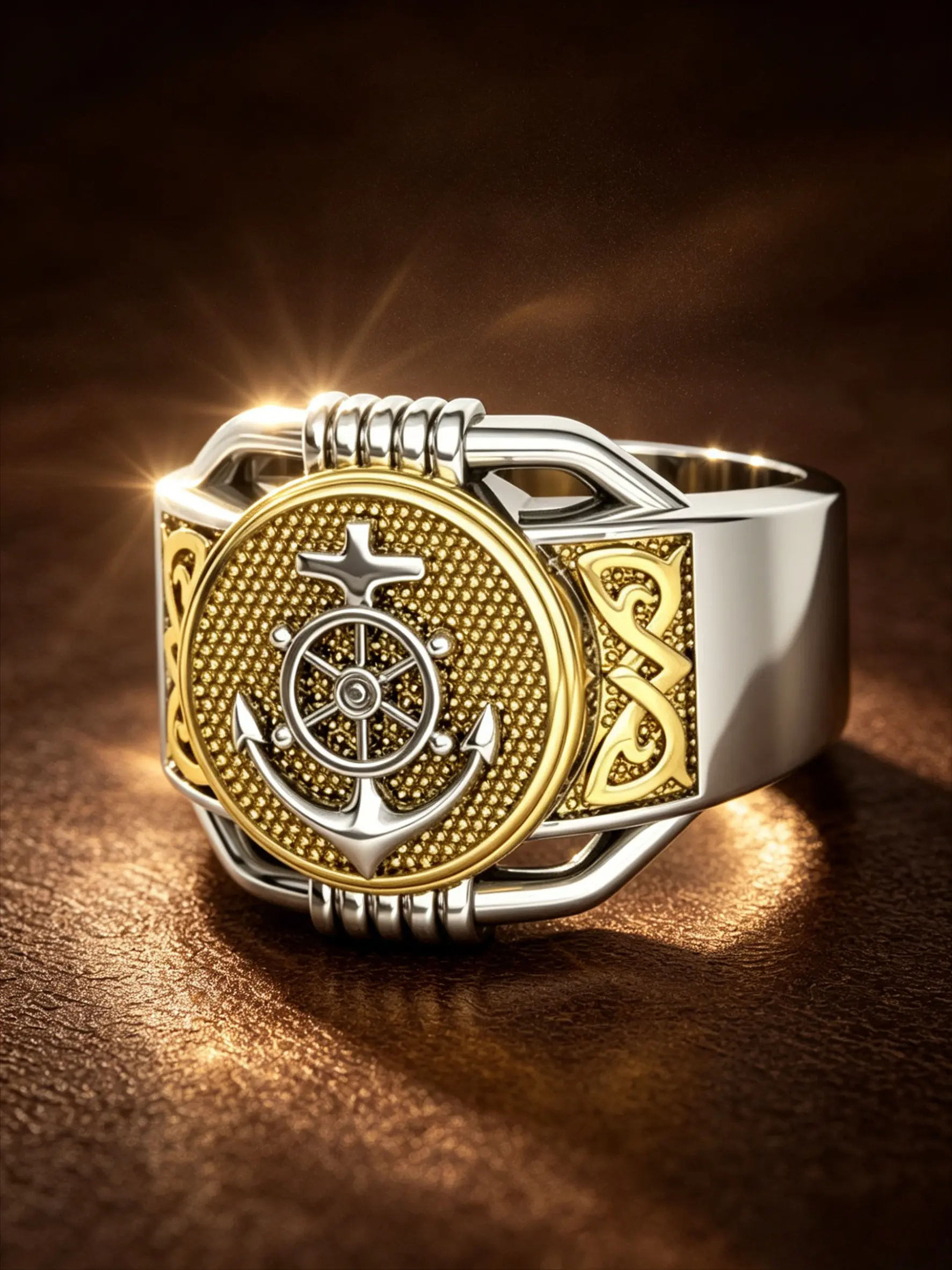Two Tone Plated Anchor Ship Wheel Men's Signet Ring Circular Coin Embossed Celtic Knot Wide Band Finger Ornament Nautical Marine Statement Accessory For Club Banquet Travel Photoshoot Father Birthday Anniversary Holiday Gift For Men