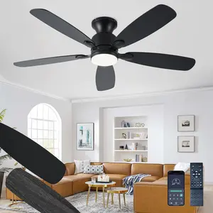52inch Black Ceiling Fans with Lights, Low Profile Ceiling Fan with Light and Remote/APP Control, Reversible DC , Noiseless, Dimmable, Flush Mount Ceiling Fan for Bedroom Living Room Patios
