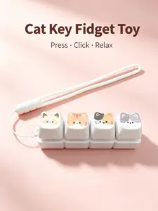 Cute Cat 4-Key Fidget Keyboard Keychain, Mechanical Clicker Stress Relief Toy with Lanyard, Kawaii Cat Face Pattern Fidget Pad, Aesthetic Desk Accessory for Teens & Adults, Anti-Anxiety Fidget Toy for ADHD