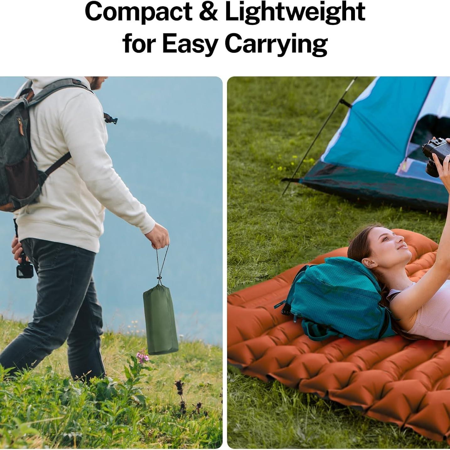 Camping Sleeping Pad with Pillow, Inflatable Sleeping Mat with Built-in Foot Pump, Portable Lightweight Sleeping Bed for Backpacking, Hiking, Traveling, Self Inflating Bed