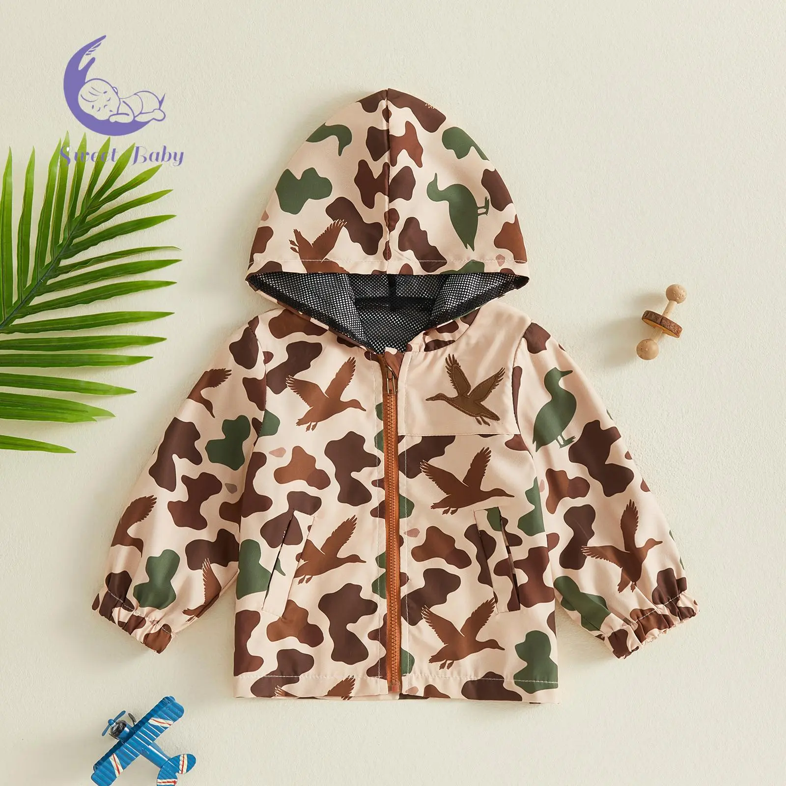 Toddler Boy Hooded Windbreaker Jacket - 100% Polyester, Long Sleeve, Front Zipper, Camo Pattern Outerwear, Multi-Size