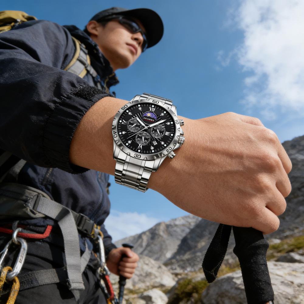 Men's Quartz Watch PE903 Movement 42mm Dial Luminous Display Calendar Moon Phase 30M Waterproof Stainless Steel Strap Business Style Hot-Selling Item