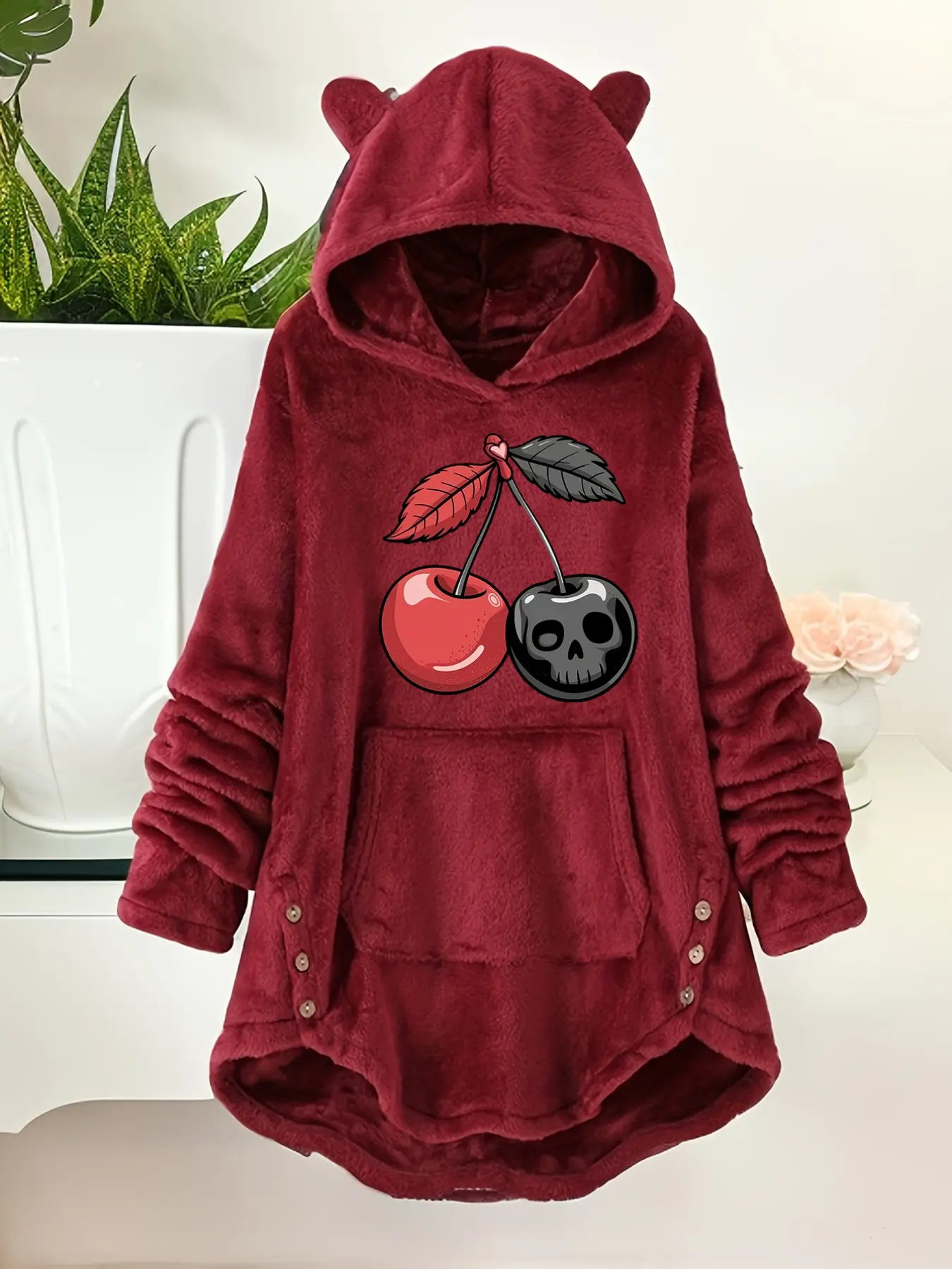 Y2K Gothic Fruit Skull Cherry Print Cat Ear Hooded Robe, Soft Thick Loose Fit Fuzzy Home Jacket for Autumn Winter