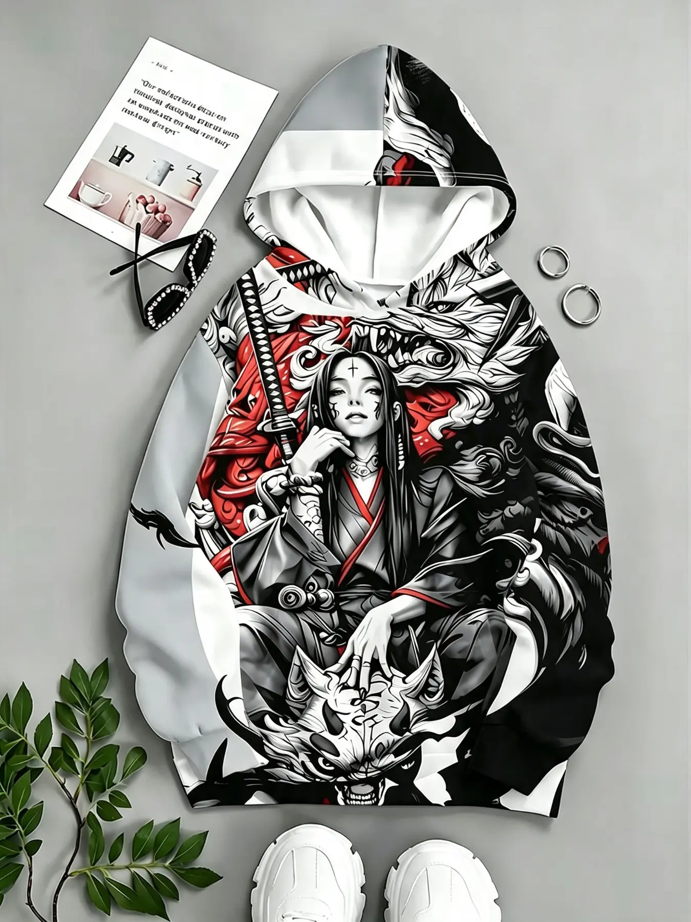 Japanese Style Samurai Hoodie for Men, Retro High Street Pullover, All over Print, Loose-Fitting, Casual Wear, All Seasons