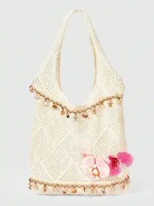 Rhombus Hollow Knitted Tote Bag, Shell Star Fringe, 3D Orchid Decoration, Large Capacity Cotton Rope Shoulder Bag, Summer Beach Resort