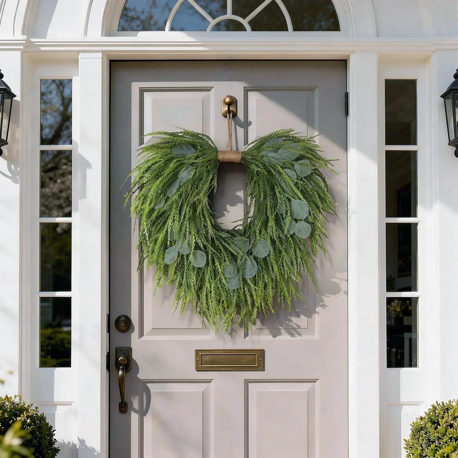 22" Artificial Saw Grass&Eucalyptus Wreath, for Christmas Decor | Unique Heart Shaped Design, Faux Eucalyptus Greenery Hanging Wreath, for Front Door/Wall/Farmhouse/Window/Outdoor Decor