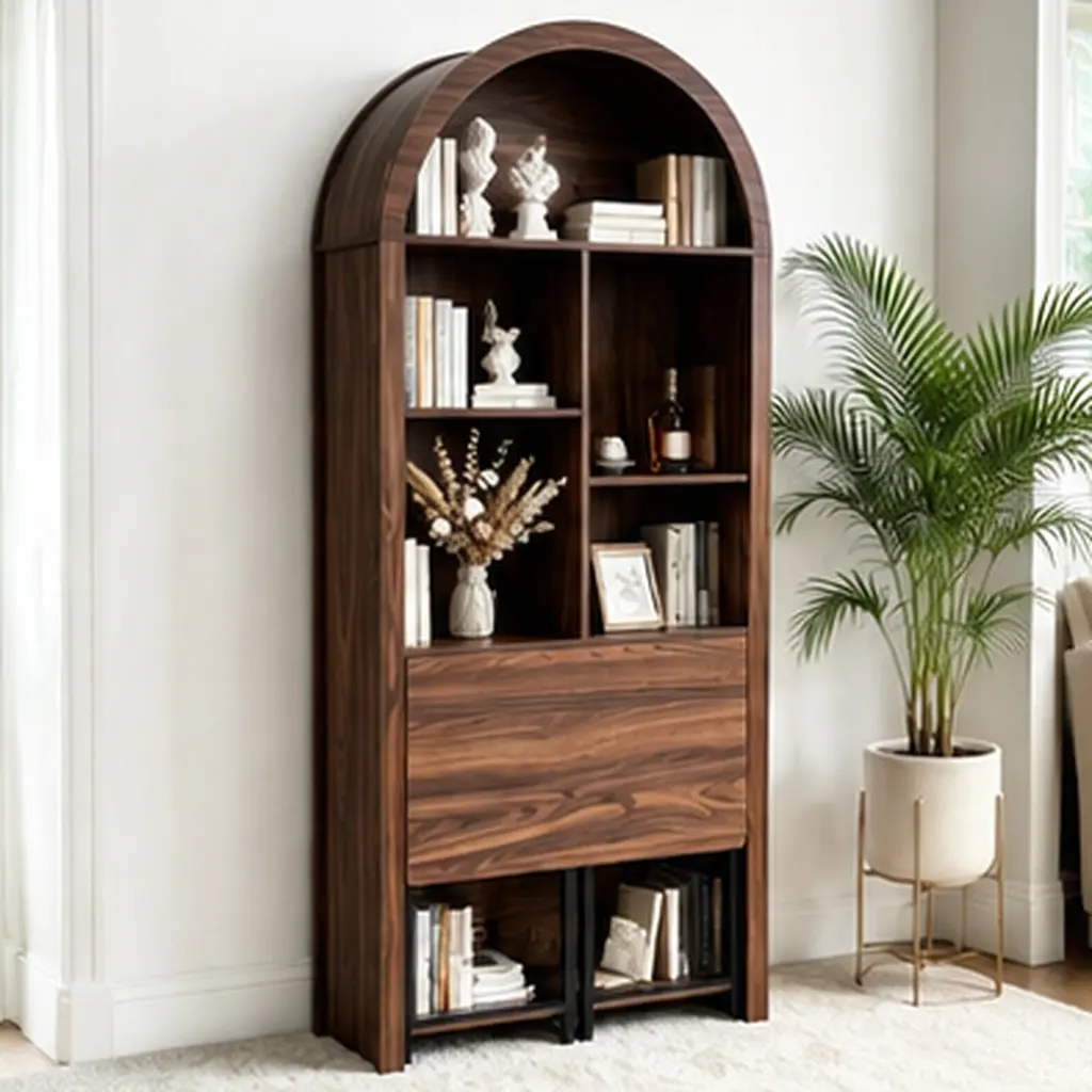 ARCH Tall Arched Bookcase Convertible Folding Desk, Walnut Brown MDF Hideaway Vanity Desk with Storage Shelves, Foldable Disappearing Desk for Small Spaces, Study Room Home Office Furniture, 70.8" H, Walnut Brown Color Options, MDF Material
