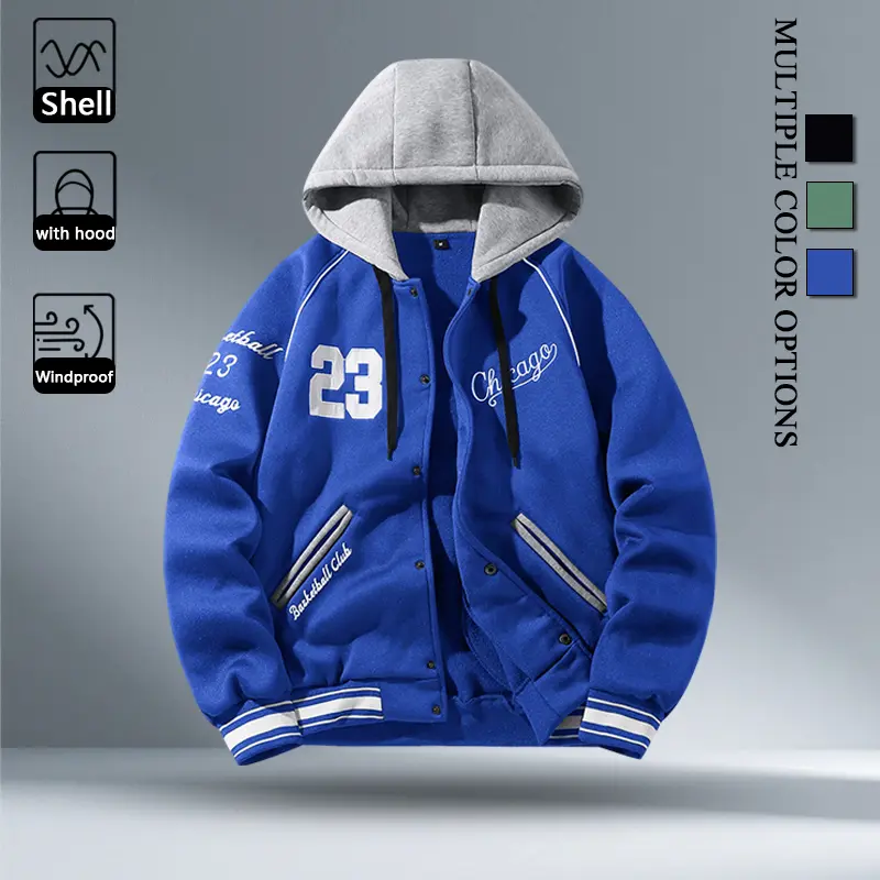 Mens Streetwear Attached Hood Baseball Wind Resistant Jacket, Front Big 23 Embroidery Script Letter Rib Striped Trim Cuff Hem Wrinkle Free Long Sleeve Coat for Spring Fall Urban Fashion