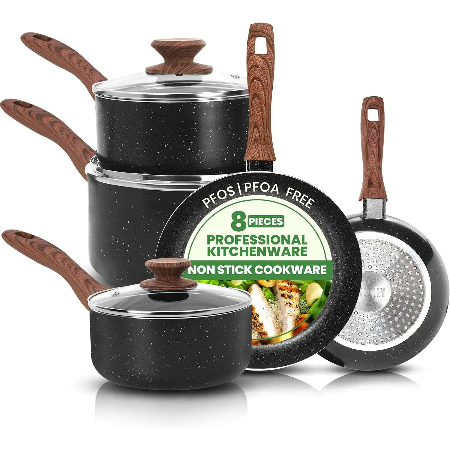 Granite Pots and Pans Set Non Stick 8 count Cookware Set, Induction Frying Pans, Saucepan with , Induction Compatible Cookware, PFOA-Free Non-Stick Cooking Set, Black