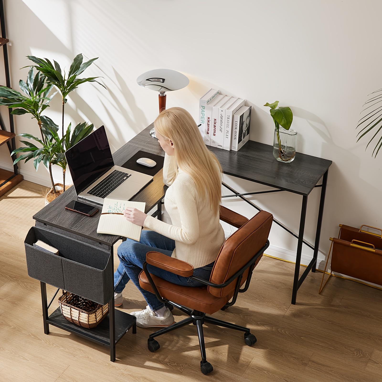 Modern Hardwood Reversible L-Shaped Corner Standing Desk with Storage Bag - Spacious Metal Frame Computer Table for Bedroom, Study & Small Spaces