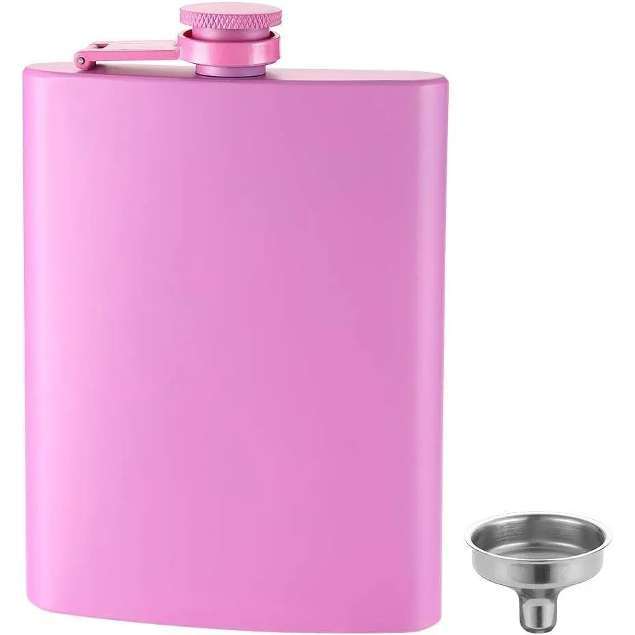 FYL Hip Flask for Liquor Matte Pink 8 Oz 18/8 Stainless Steel Leakproof with Funnel, Never-Lose Cap Flask