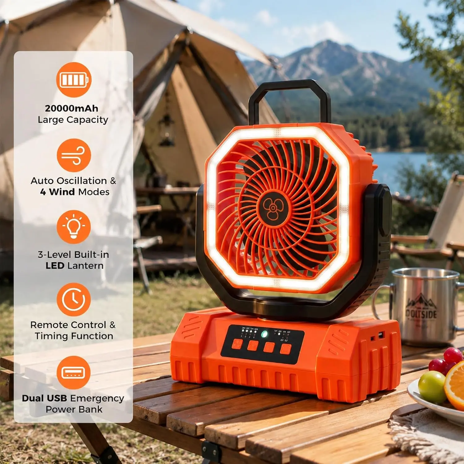 20000mAh Rechargeable Camping Tent Fan - Compact, Lightweight Port, Auto-Oscillation, 4 Speeds, Remote Timer, Built-In Cells, LED Lantern, Hanging Hook for Fishing, Power Outage Cooling + Light