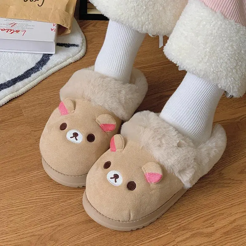 Rilakkuma Cotton Slippers Women'S Cute Winter Outdoor Anti-Slip Indoor Warm Fur Shoe With Heel Cotton Shoe Home Comfortable