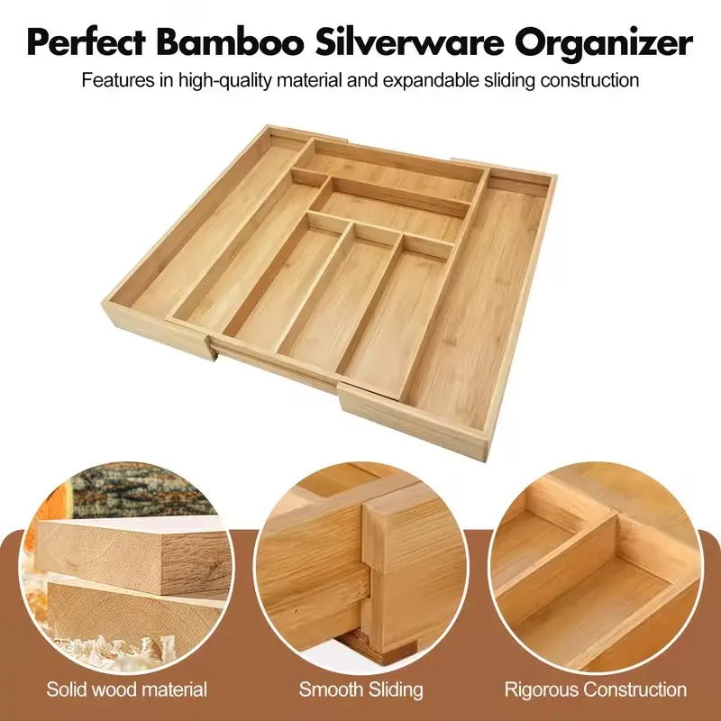 Multi-Functional Expandable Bamboo Drawer Storage Box, Adjustable Divided Cutlery Tray, Kitchen Drawer Utensil Holder, Versatile Storage Organizer Tray for Household and Office Supplies
