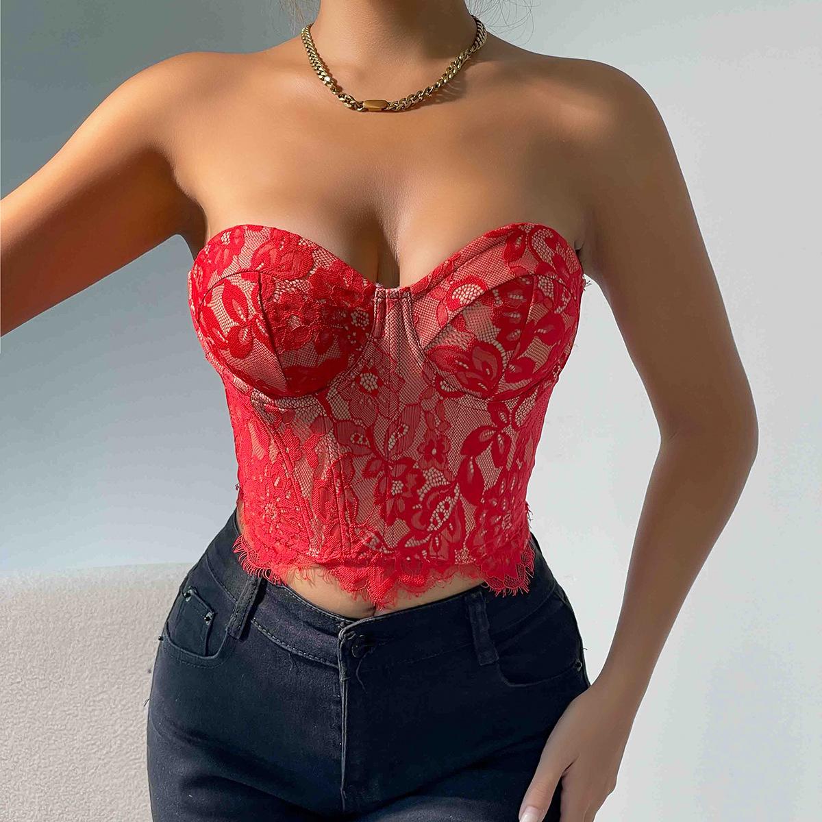 Women's Top Sexy Lace Eyelash Flower High Sense Underwear Bandeau Vest Womenswear Comfort Apricot Basic