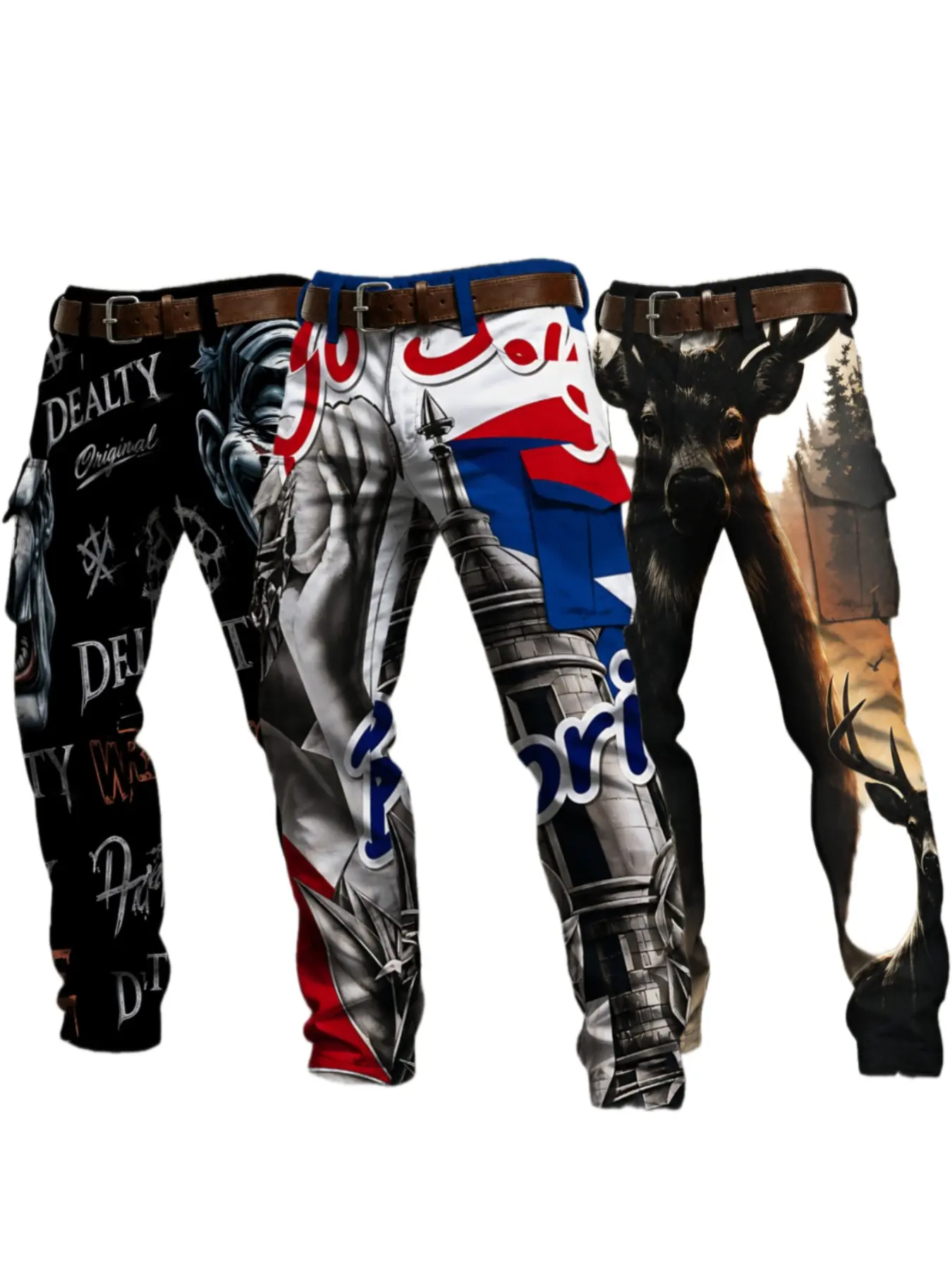 3pcs Men's American Vintage Clown and Reindeer Printed Work Pants, Men's Street Fashion Multi-Pocket Long Pants, Personalized Digital Print Casual Pants