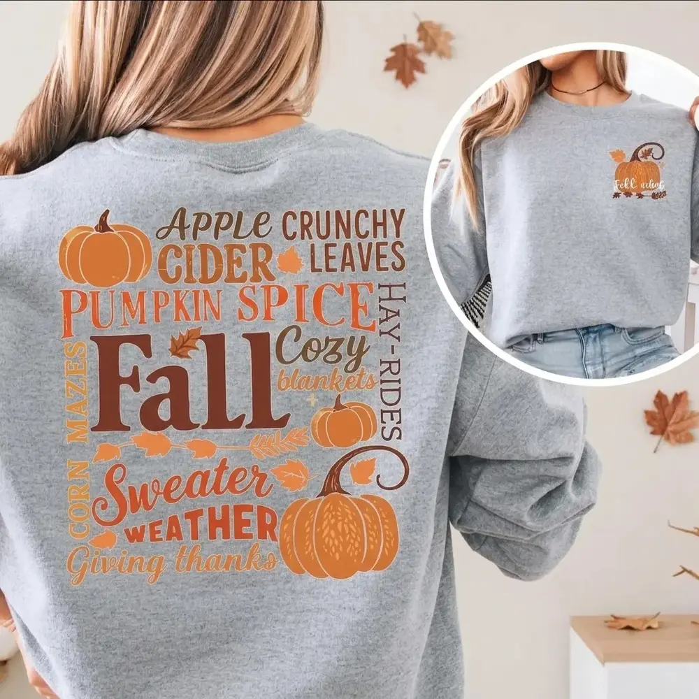 Autumn-themed sweaters with pumpkin patterns, round-neck sweaters with weather-themed designs, and cute autumn tops for women