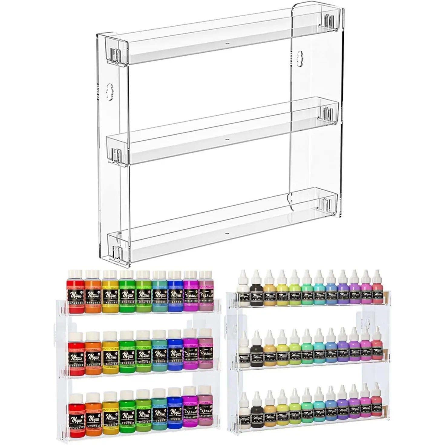 2Pack 3 Tier Display Rack, Clear Paint Rack Wall-Mount (No Drill), Acrylic Craft Paint Storage Organizer, Miniature Holder for 2oz Bottle, Nail Polish Organizer, Badges, Mini Figures (2)