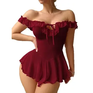 Women's Off Shoulder Babydoll Lingerie, Flowy Chiffon Teddy Bodysuit with Ruffle Trim and Front Tie Cutout for Valentine's Day, Feminine, Elegance