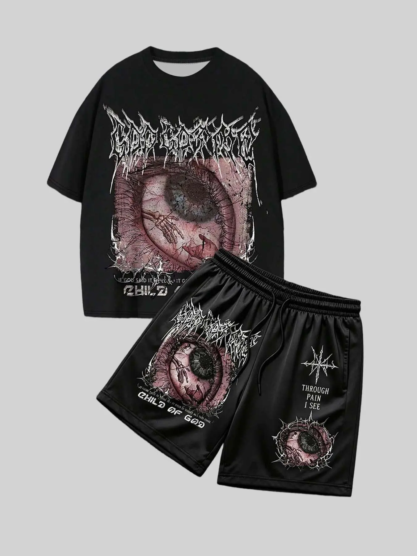 Opium Dark Evil Eye Graphic T-Shirt Shorts Set Men Metal Deathcore Font Two Piece Tracksuit Wrinkle Resistant Heavyweight Draped High Street Set Matching Sets for Music Festival Rave Party Shorts Set Tracksuits