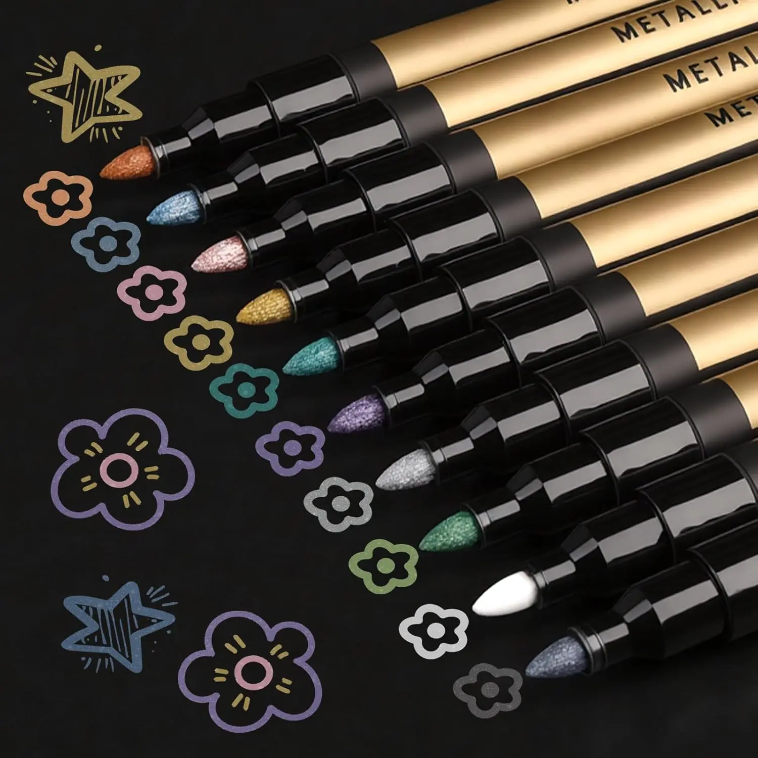 10 Color Metallic Markers, Glitter Metallic   Pens | Permanent Sparkle Markers For Rock Painting, Black Paper Crafts, Card Making, Scrapbooking, Glass, , Metal, Ceramic